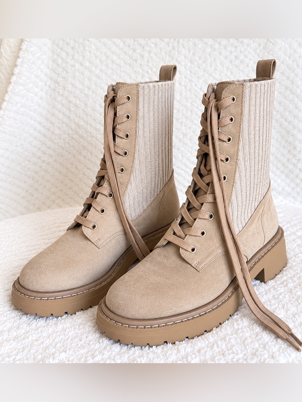 Sam Edelman Lydell Beige Suede Knit Combat Boots Size 8